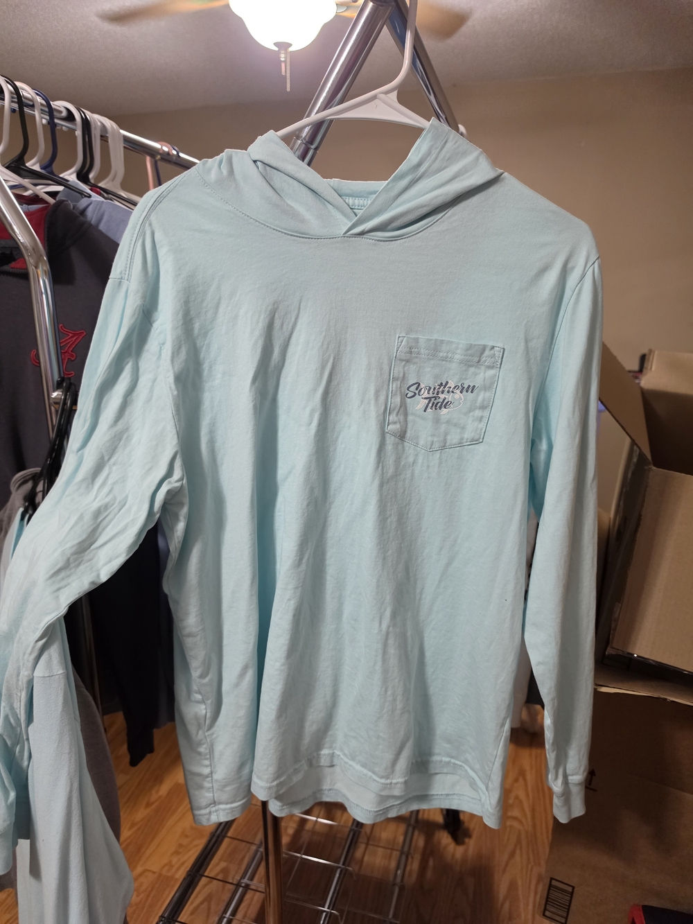 Southern Tide Light Aqua Hooded Long-Sleeve Pocket Tee